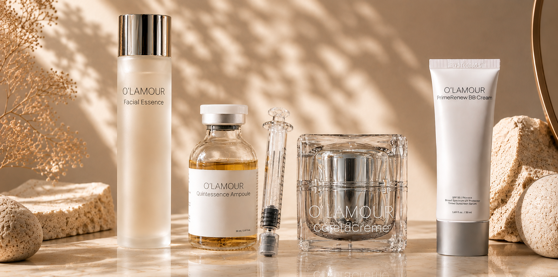 O'LAMOUR skincare collection by INFINITE on a warm ivory backdrop
